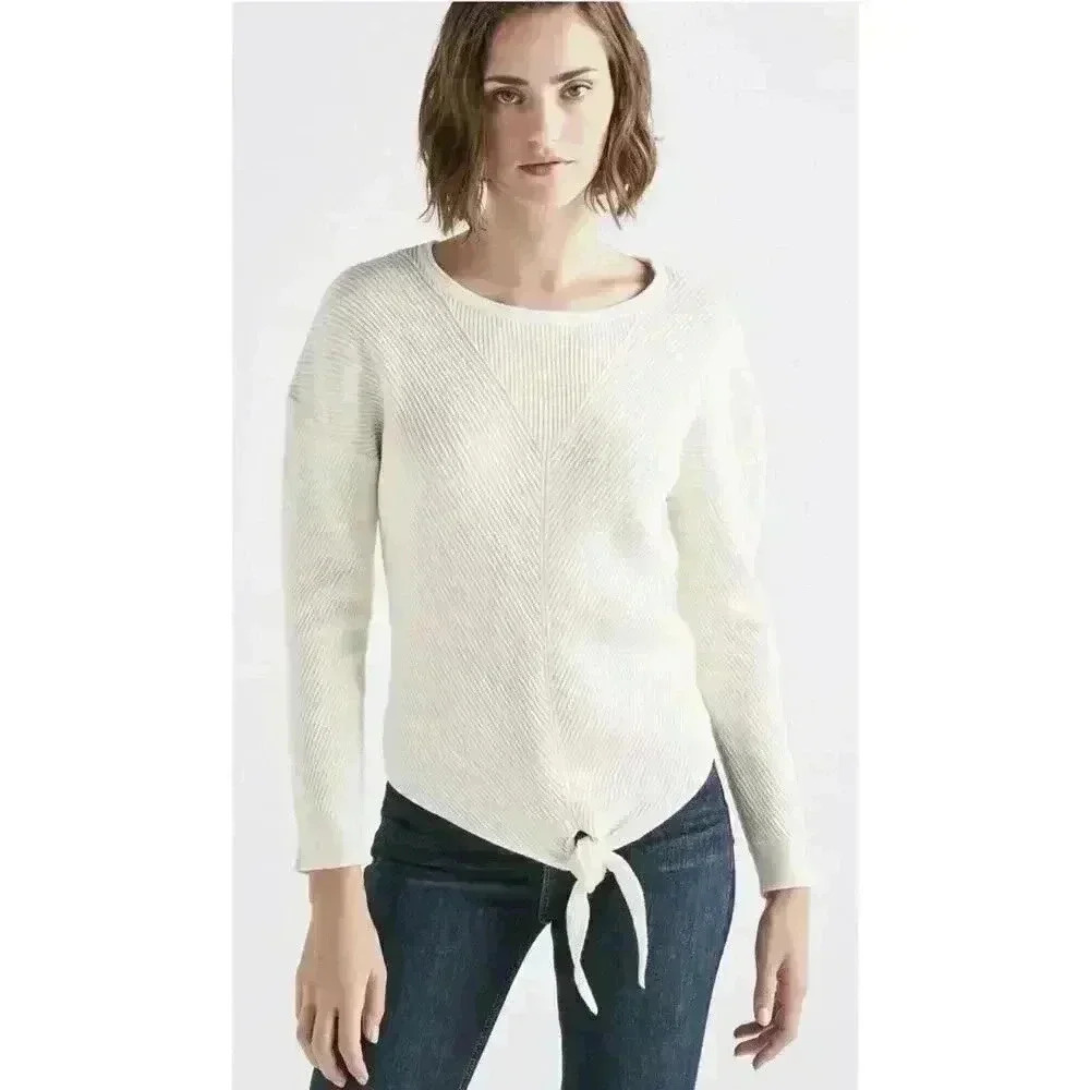 Lucky Brand Women’s Med White Ribbed Knit Knot Front‎ Long Sleeves Sweater